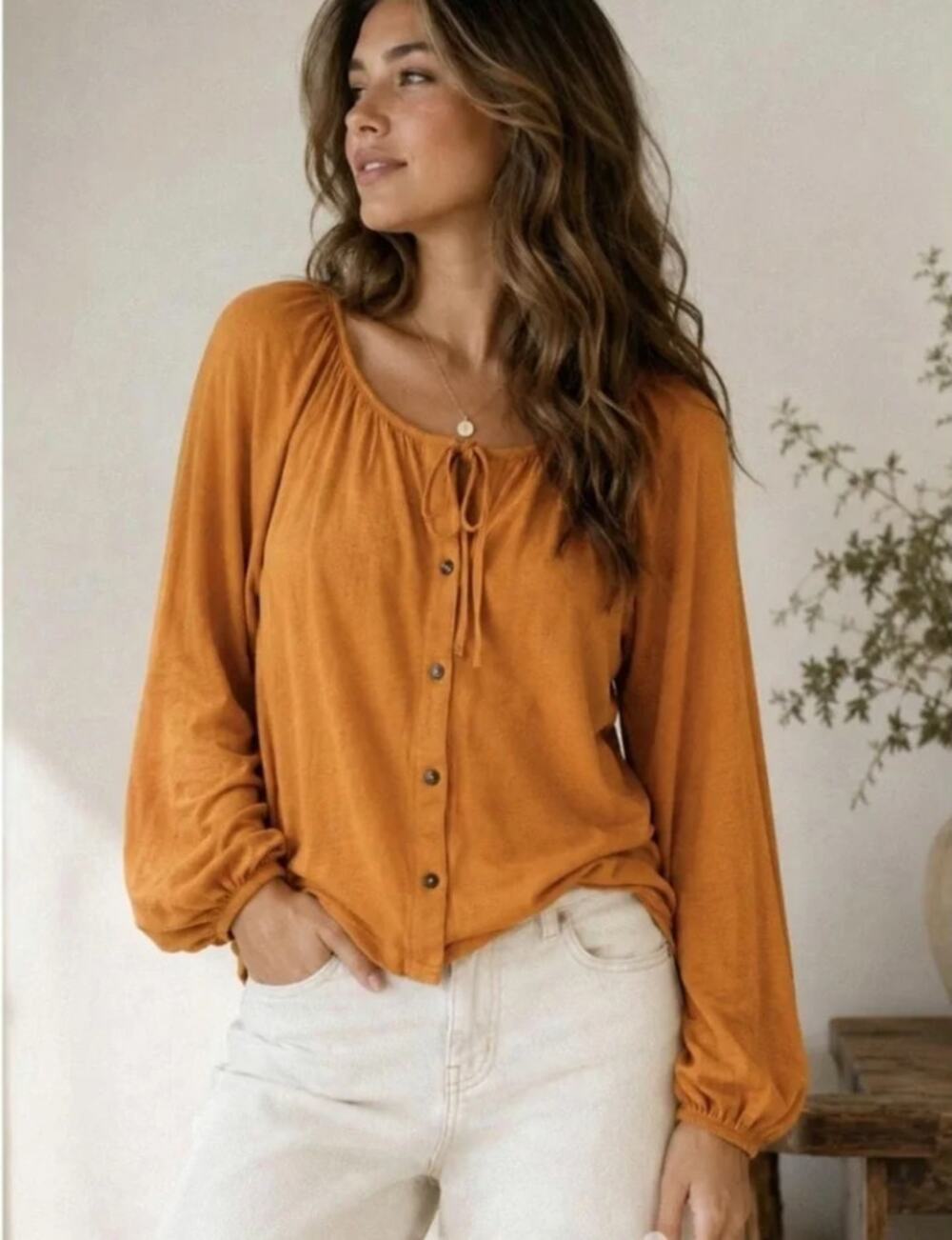 Pact Blouse Size L Organic Cotton Linen Tie Neck Flowy Relaxed Boho Earthy